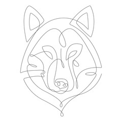 Wolf fox drawn in one continuous line in a minimalist style. The design is suitable for modern tattoos, decor, logo, sports club design, gym design, sticker, mascot, t-shirt printing. Isolated vector