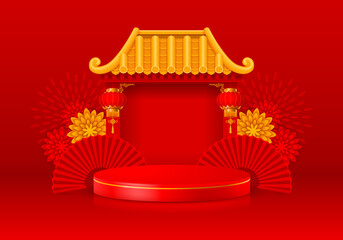 Red oriental background, banner with podium or round stage for product display. Chinese traditional gate with bamboo roof, hand fans and floral decor on backdrop. Vector illustration