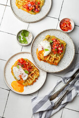 zucchini waffles with tomato tartare and poached egg