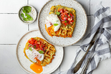 zucchini waffles with tomato tartare and poached egg