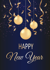 Happy New Year. Festive design with Christmas decorations, balls and serpentine.