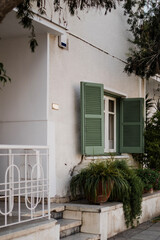 Fototapeta na wymiar Nice facade with green window frames and plants near the house