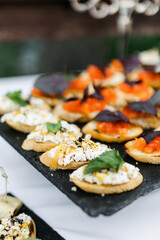nature catering. Bruschetta on a black plate on the table. Party concept and delicious appetizers with fresh vegetables and meat. 