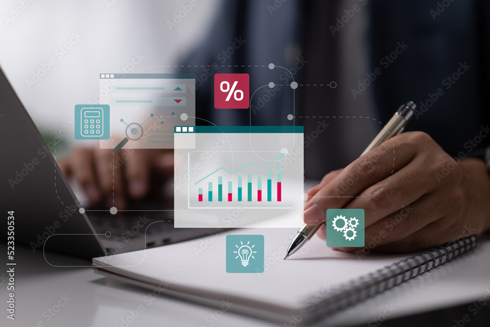 Aufkleber education and advice in online business management. financial chart analysis and executive networkin