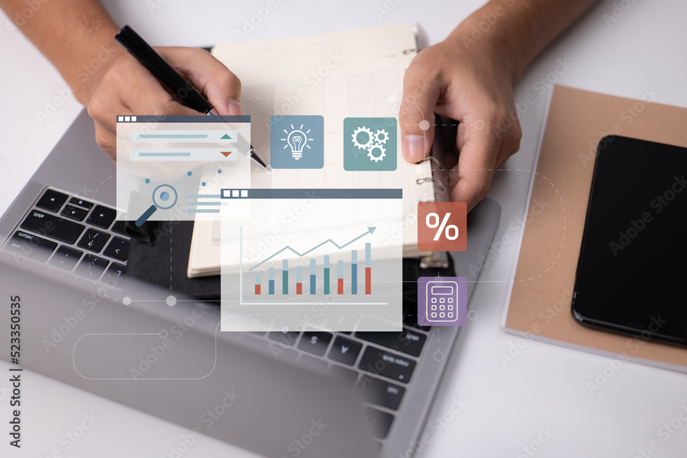 Poster Online consultancy and training in business management. networking with executives and examining financial graphs.