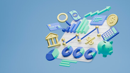 Finance consulting investment business money coins banknotes banking office analysis growth arrow chart report  balance calculator statistic tax financial savings concept. 3d rendering.