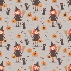 Cute Witch and Halloween Pumpkins Seamless Pattern