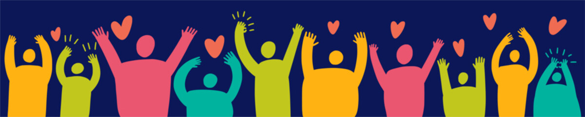 Obraz premium A group of cheerful people with their hands raised to the top.