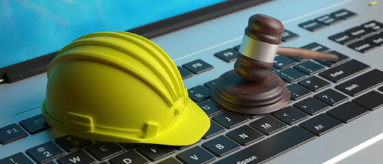 Labor, Construction law. Safety helmet and judge gavel close up