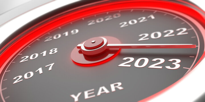 2023 New Year. Drive fast, transport and speed. Auto car gauge speedometer.