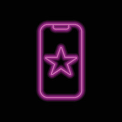 Mobile phone with star, app rate simple icon vector. Flat design. Purple neon on black background.ai