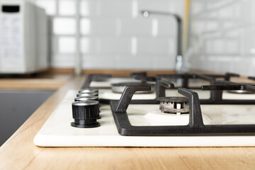 Close-up of a home cooking stove. Gas stove. The concept of industrial resources and the economy.Side view. Space for text.Modern kitchen stove.