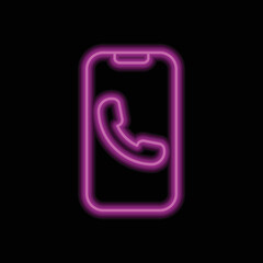 Phone notification with call simple icon vector. Flat design. Purple neon on black background.ai