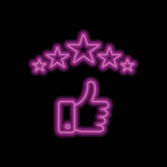 Rate of service, five star simple icon vector. Flat design. Purple neon on black background.ai