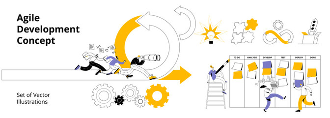 The team with laptops runs along the arrow. A set of vector illustrations on the topic of agile methodology.
