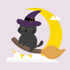 Cute Cat Witch Halloween Vector