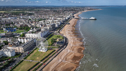 Aerial view of a seaside and beach of Eastbourne, East Sussex, UK