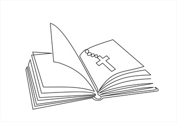 Continuous single one line drawing of open book and cross