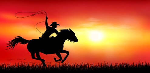 Cowboy on horseback at sunset. A man riding a horse. Cowboy with a lasso in his hands. A horse rider gallops against the backdrop of a sunset