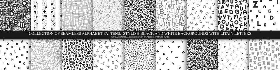 Collection of vector alphabet patterns, covers. Stylish black and white backgrounds with latin letters. Fashion monochrome prints © ExpressVectors