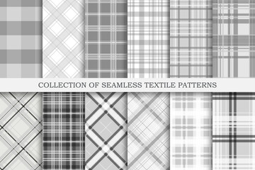 Collection of white and gray seamless textile patterns - geometric striped design. Vector repeatable monochrome cloth backgrounds