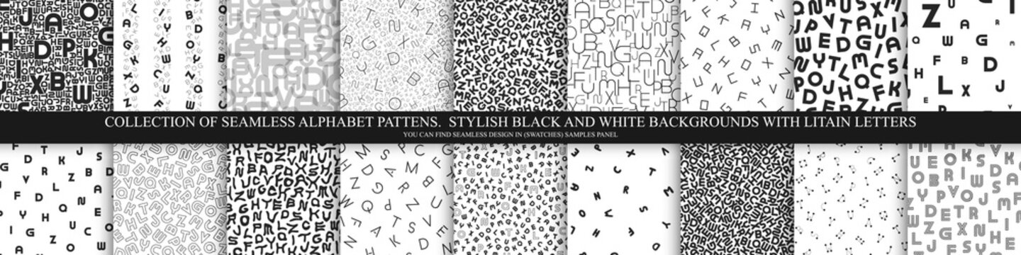 Collection of vector alphabet patterns, covers. Stylish black and white backgrounds with latin letters. Fashion monochrome prints
