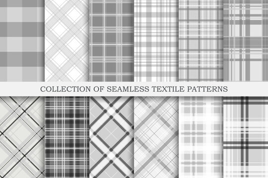 Collection of white and gray seamless textile patterns - geometric striped design. Vector repeatable monochrome cloth backgrounds