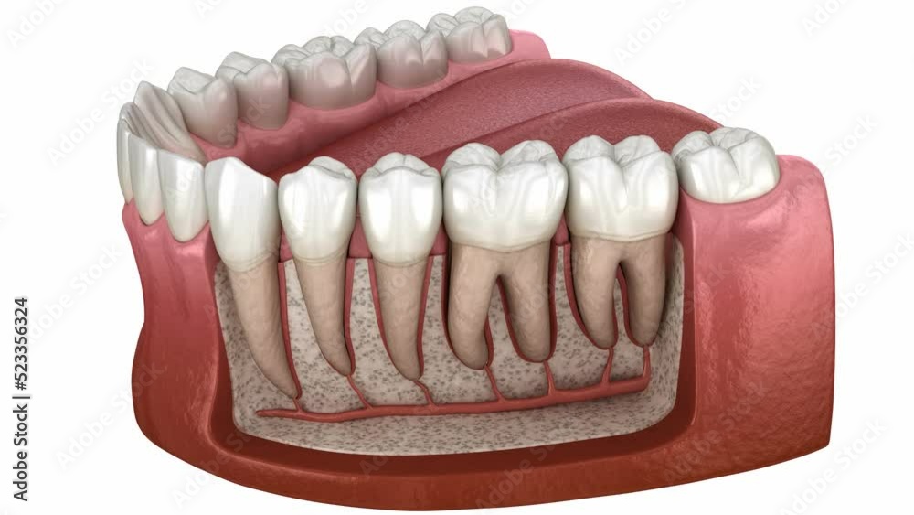 Wall mural Dental Root anatomy of mandibular human gum and teeth, x-ray view. Medically accurate tooth 3D animation