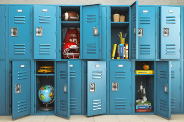 School lockers with items, equipments and accessoires for education. Back to school. - 523356358