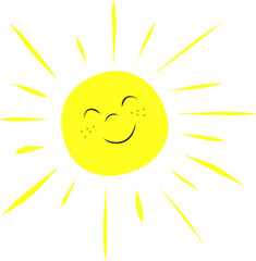 Vector illustration. Smiling sun, yellow on white background. Sunshine, happiness, good weather, warm, cool mood.