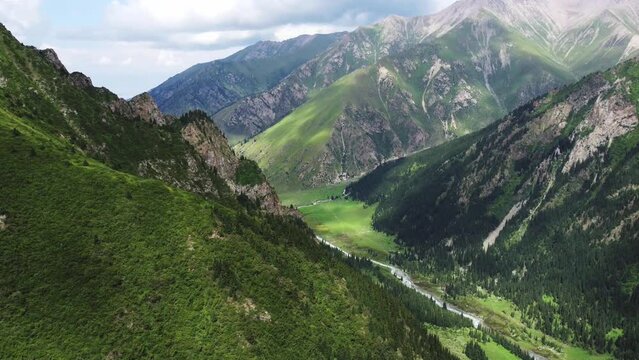 Altyn-Arashan Valley in Issyk Kul Region in Kyrgyzstan. Drone footage 4K. Slow epic motion. Green fields in valley and forest, mountains around.