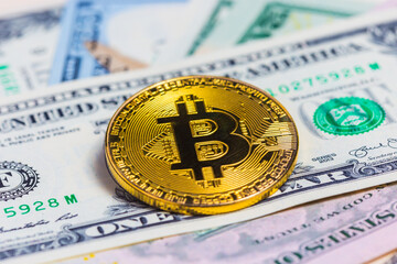 Dollars in banknotes and coin bitcoin