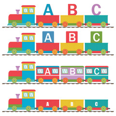 Wooden train with cars and letters ABC, back to school, color vector illustration in flat style