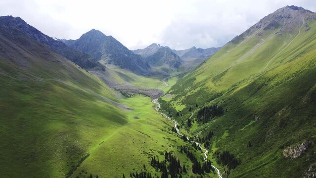 Altyn-Arashan Valley in Issyk Kul Region in Kyrgyzstan. Drone footage 4K. Slow epic motion. Green fields in valley and forest, mountains around.