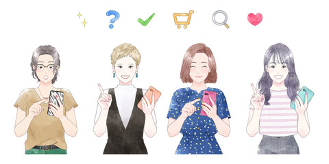 Illustration of a group of women operating smartphones, watercolor touch.