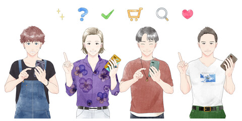 Illustration of a group of men operating smartphones, watercolor touch.