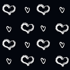 Seamless pattern vector illustration with white watercolor brush hearts. Black background.