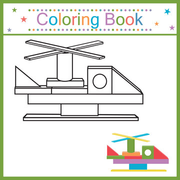 Coloring book for kids helicopter, black contour line, vector isolated doodle illustration