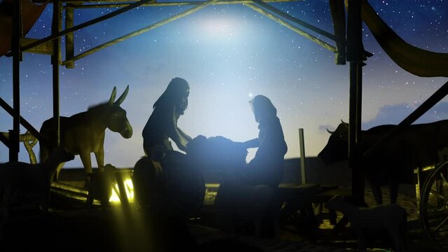 Christian Christmas Nativity Scene of baby Jesus, scene of Baby Jesus in a manger with Mary and Joseph silhouettes render 3d 