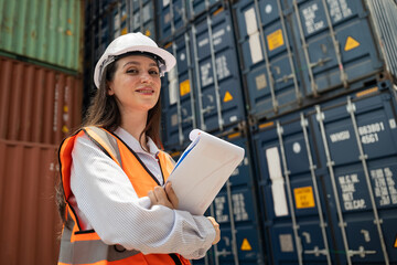 Portrait Caucasian woman worker working in container port terminal. Attractive female engineer...