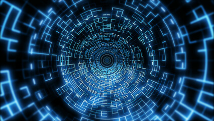 Abstract Futuristic Digital Technology Light Blue Circular Fractal Tunnel Background