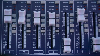 Sound check for concert. Mixer control. Music engineer. Backstage