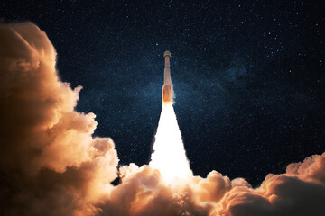 Space rocket with puffs of smoke successfully lift off into the starry sky. Spacecraft flies into outer space. Successful start of space mission and exploration, concept