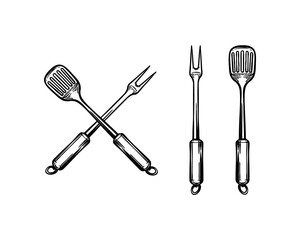 BBQ Tools Hand-Drawn Set Vector. Crossed barbecue fork with spatula. Symbol Template Logo. Vector illustration flat design. Isolated on white background