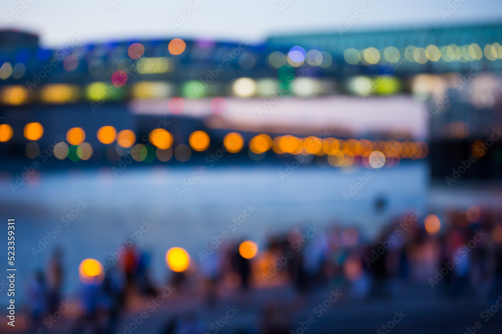 Sticker blurred abstract urban background with street lights in bokeh shape