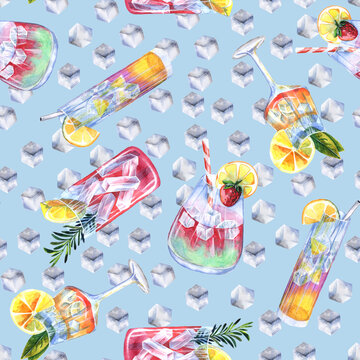 Seamless pattern with summer cocktails and ice cubes. Watercolor illustration