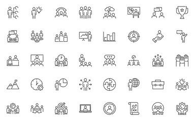 set of business people line icons, teamwork, meeting, working, organization