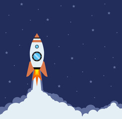 Launch of rocket starship startup on the starry background