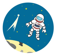 Vector image of flying spaceman over the Moon in open space