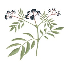 Elderberry plant botany on white background. Medicinal plant illustration.